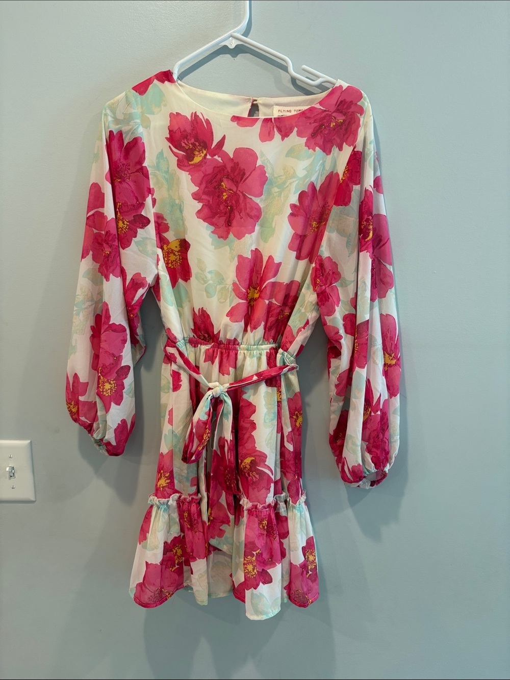 Flying Tomato White Dress with Hot Pink Floral Print ptp 15 1/2 - Picture 4 of 8